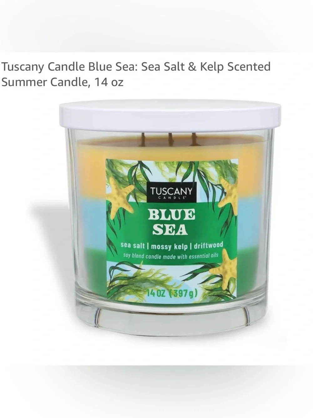 Tuscany Blue Sea 3-Wick Soy Blend Candle — Blue, Yellow, Green